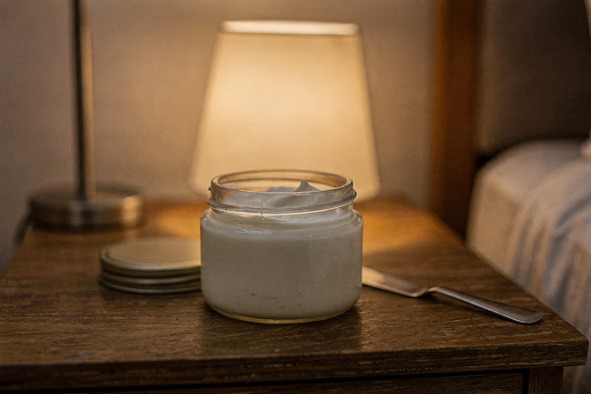 An open jar of night cream on a wooden nightstand
