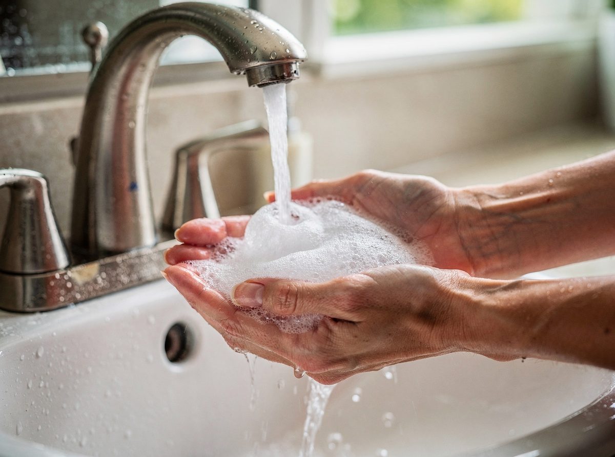 Gel cleanser foaming in cupped hands under running water